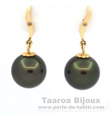 Boucles d'Oreilles en Or 18K + 2 diamants et 2 Perles de Tahiti Rondes B 10.2 mm