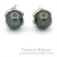 Boucles d'Oreilles en Argent et 2 Perles de Tahiti Rondes C 8.6 mm