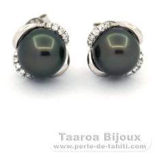 Boucles d'Oreilles en Argent et 2 Perles de Tahiti Rondes C 8.1 mm