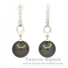 Boucles d'Oreilles en Argent et 2 Perles de Tahiti Rondes B/C 9.6 mm