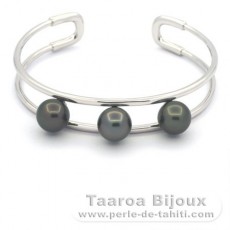 Bracelet en Argent et 3 Perles de Tahiti Rondes C 9.1 à 9.2 mm