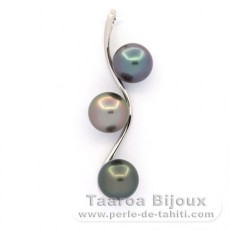 Pendentif en Argent et 3 Perles de Tahiti Rondes C 8.7 à 8.8 mm