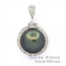 Pendentif en Or blanc 14k + 74 diamants et 1 Perle de Tahiti Ronde B 14.8 mm