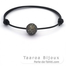 Bracelet en Cuir et 1 Perle de Tahiti Gravée  11.4 mm