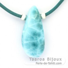 Collier en Cuir, Argent et 1 Larimar - 37 x 17 x 10.8 mm - 10.8 gr