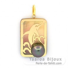 Pendentif en Or 18K, Nacre et 1 demi Perle de Tahiti - Dimensions = 28 x 19 mm - Dauphin