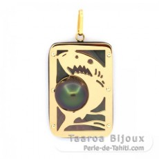 Pendentif en Or 18K, Nacre et 1 demi Perle de Tahiti - Dimensions = 28 x 19 mm - Requin