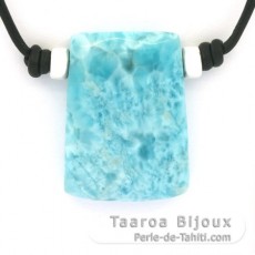 Collier en Cuir, Argent et 1 Larimar - 32 x 23 x 8 mm - 13.2 gr