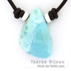 Collier en Cuir, Argent et 1 Larimar - 26 x 17 x 10 mm - 7.3 gr