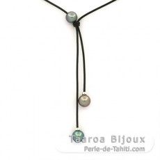 Collier en Cuir et 3 Perles de Tahiti Rondes C 9.3  9.7 mm