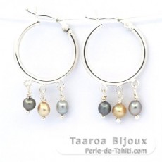 Boucles d'Oreilles en Argent et 6 Keishis de Tahiti