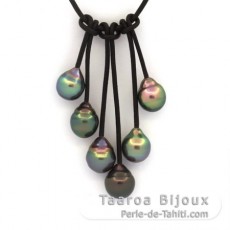 Collier en Cuir et 6 Perles de Tahiti Cerclées B/C 8.5 à 9.2 mm