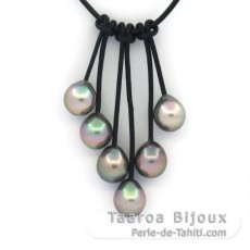 Collier en Cuir et 6 Perles de Tahiti Semi-Baroques B/C de 8.7 à 8.8 mm
