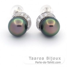 Boucles d'Oreilles en Argent et 2 Perles de Tahiti Semi-Rondes C 9.5 mm