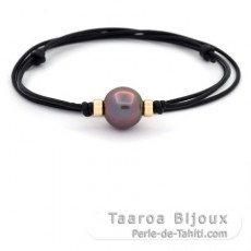 Collier en Cuir, Or 18K et 1 Perle de Tahiti Semi-Ronde C+ 14.2 mm