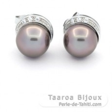 Boucles d'Oreilles en Argent et 2 Perles de Tahiti Semi-Rondes C 9.1 mm