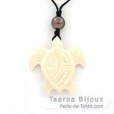 Collier en Coton, Pendentif en Os et 1 Perle de Tahiti Ronde B/C 9.1 mm