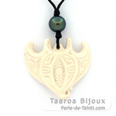 Collier en Coton, Pendentif en Os et 1 Perle de Tahiti Ronde C+ 10.1 mm