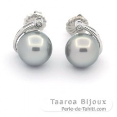 Boucles d'Oreilles en Argent et 2 Perles de Tahiti Rondes C 10 mm