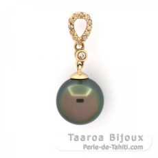 Pendentif en Or 14K + 13 Diamants et 1 Perle de Tahiti Ronde B 9.7 mm