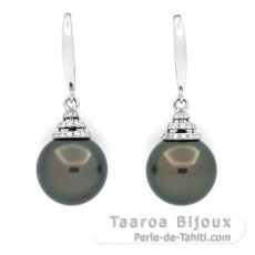 Boucles d'Oreilles en Argent et 2 Perles de Tahiti 1 Ronde & 1 Semi-Ronde C 11.8 mm