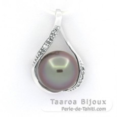 Pendentif en Or blanc 14K + 6 Diamants et 1 Perle de Tahiti Ronde B 10.5 mm