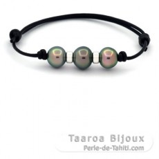 Bracelet en Cuir et 3 Perles de Tahiti Semi-Baroques C de 10.6 à 11.2 mm