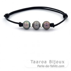 Bracelet en Cuir et 3 Perles de Tahiti Semi-Baroques C de 9.4  9.8 mm