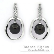 Boucles d'Oreilles en Argent et 2 Perles de Tahiti 1 Ronde & 1 Semi-Ronde C 9.6 et 9.7 mm