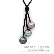 Collier en Cuir et 3 Perles de Tahiti Semi-Baroques C de 9.8 à 9.9 mm
