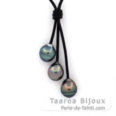 Collier en Cuir et 3 Perles de Tahiti Cerclées C de 10.8 à 10.9 mm