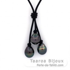 Collier en Cuir et 3 Perles de Tahiti Cercles C de 10.5  10.8 mm