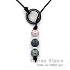 Collier en Cuir et 3 Perles de Tahiti Semi-Baroques C de 9.2  10.3 mm