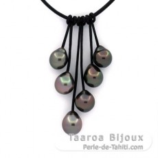 Collier en Cuir et 6 Perles de Tahiti Semi-Baroques B/C de 8.6 à 9.4 mm