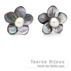 Boucles d'Oreilles en Argent, Nacre et 2 Keishis de Tahiti