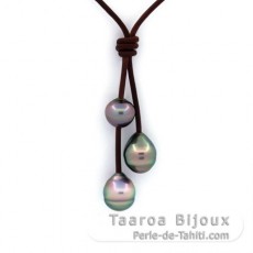 Collier en Cuir et 3 Perles de Tahiti Cercles C de 9  10 mm