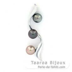 Pendentif en Argent et 3 Perles de Tahiti Rondes C de 8.2  8.4 mm