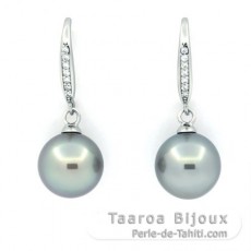 Boucles d'Oreilles en Argent et 2 Perles de Tahiti Rondes C 9.6 mm