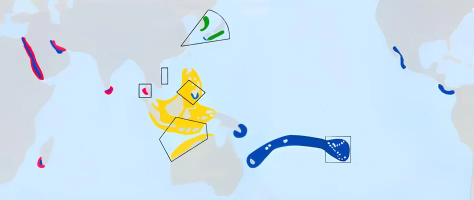 Répartition mondiale des espèces de bivalves utilisées en perliculture